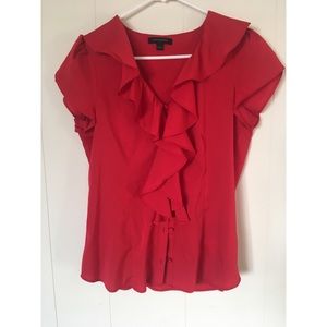 Cute ruffled button up red blouse short sleeve